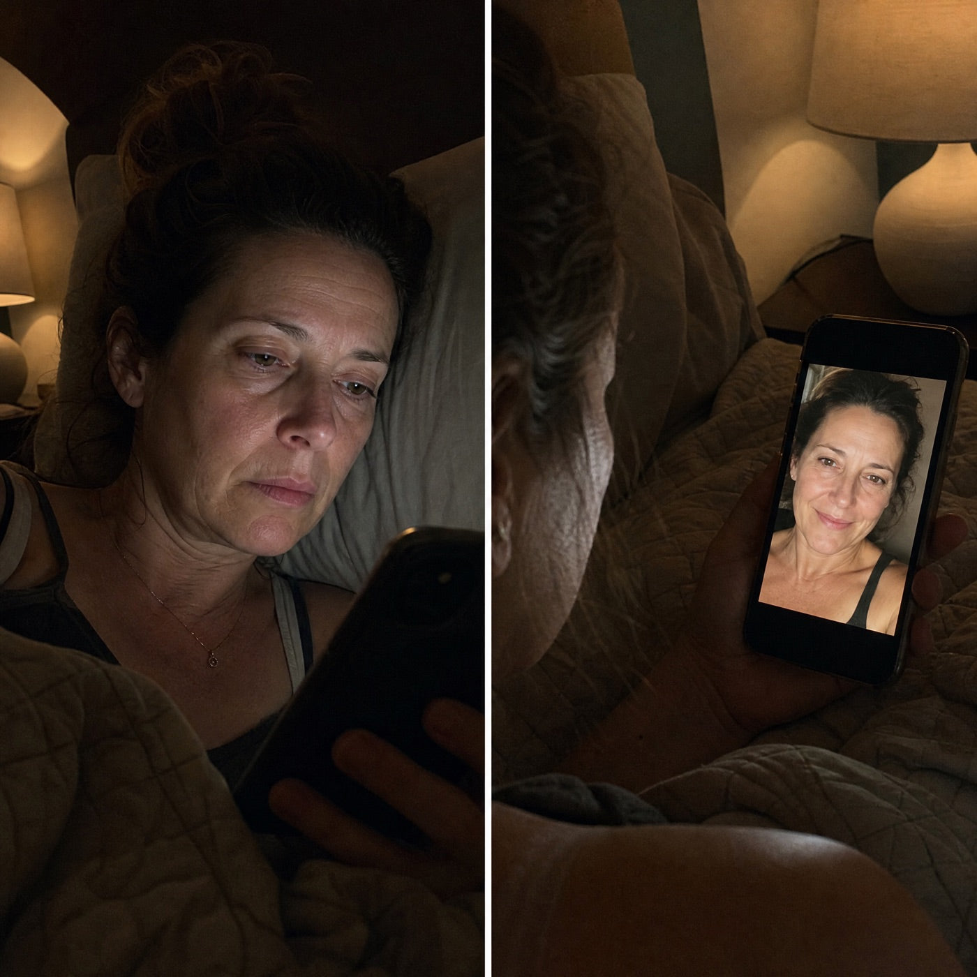 Abends im Bett — sie schaut auf ein altes Foto von sich, früher voller und wacher